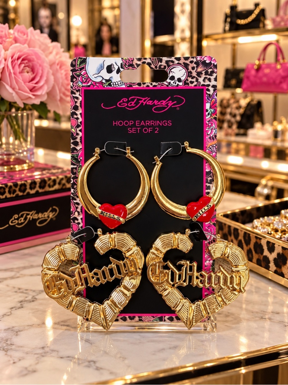 Ed Hardy Hoop & Heart Logo Earrings with Red Accents